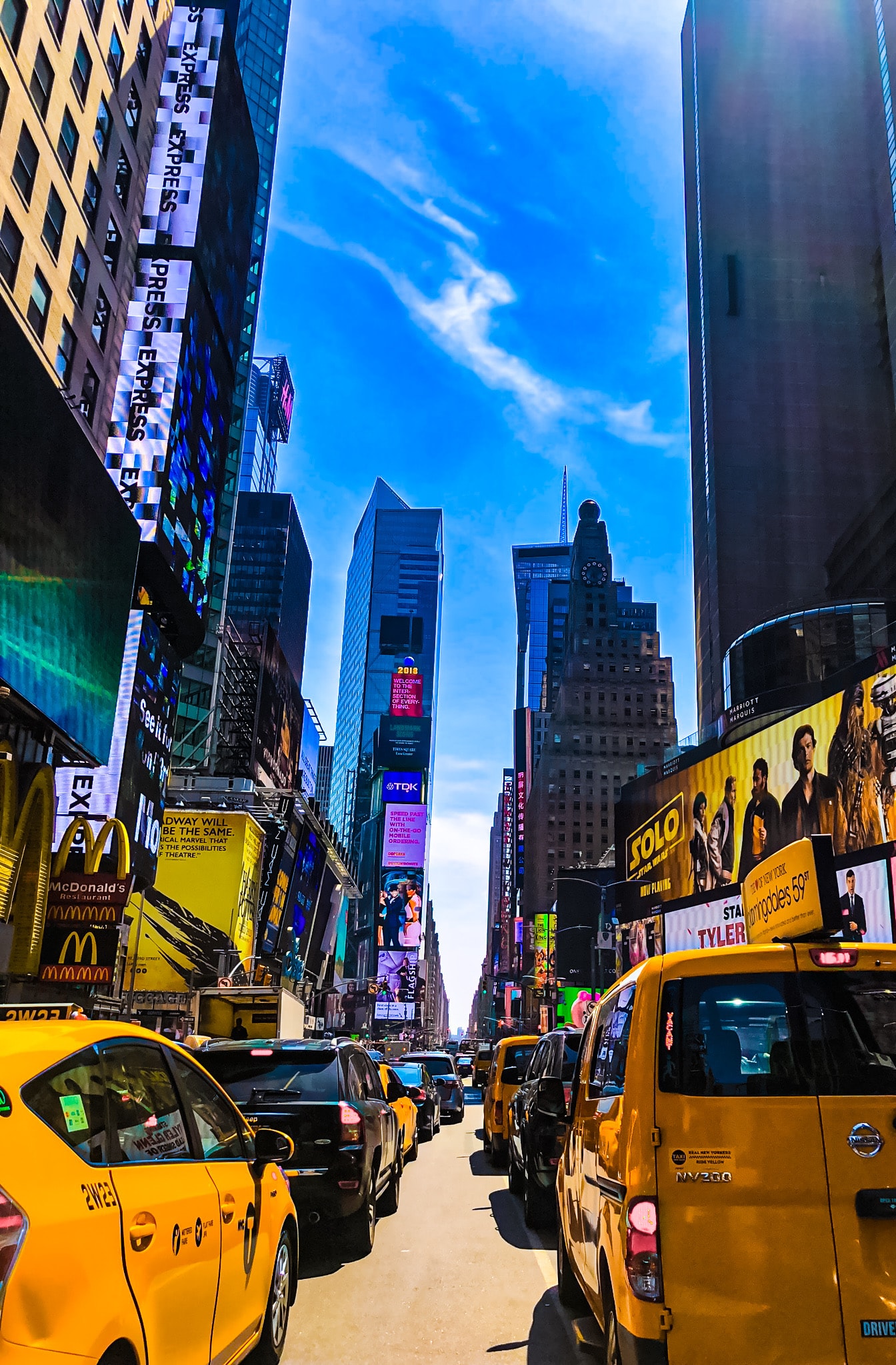 Yellow taxis gridlocked in Times Square rush hour, Midtown NYC 2009