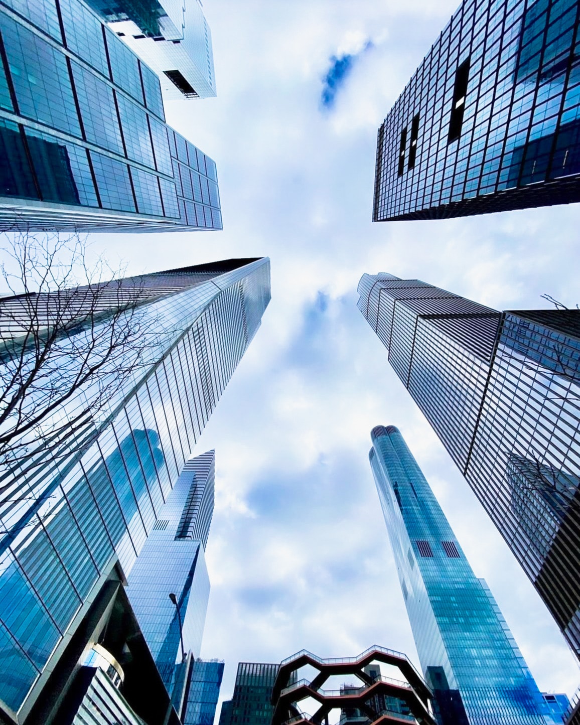 Low angle looking up at Hudson Yards towers, NYC 2022